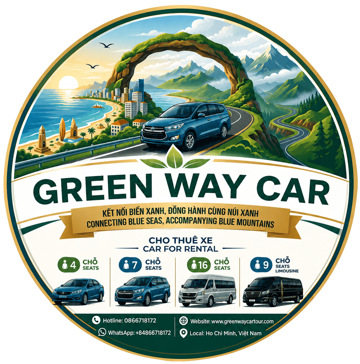 GREEN WAY CAR TOUR | DỊCH VỤ DU LỊCH – Hợp Đồng Xe Dịch Vụ 4 Chỗ, 7 Chỗ, 9 Chỗ, 16 Chỗ, 29 Chỗ tại Hồ Chí Minh | GREEN WAY CAR TOUR – Tourist transportation and car rental services – Contracted service vehicles with 4, 7, 9, 16, and 29 seats in Ho Chi Minh City.