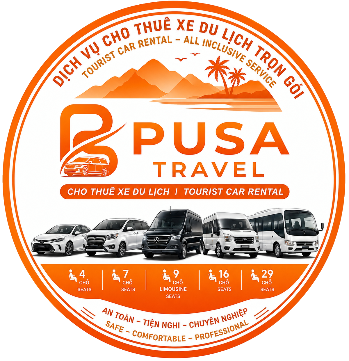 PUSA TRAVEL | DỊCH VỤ DU LỊCH – Hợp Đồng Xe Dịch Vụ 4 Chỗ, 7 Chỗ, 9 Chỗ, 16 Chỗ, 29 Chỗ tại Hồ Chí Minh | PUSA TRAVEL – Tourist transportation and car rental services – Contracted service vehicles with 4, 7, 9, 16, and 29 seats in Ho Chi Minh City.